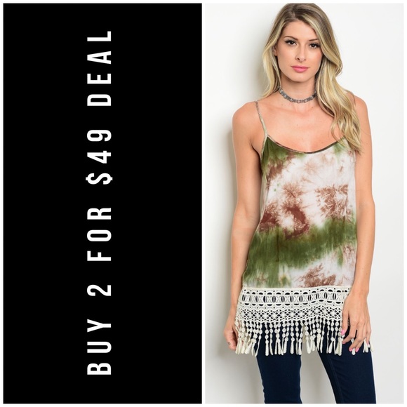 January Summer Tops - LAST//OLIVE TIE DYE FRINGE TANK TOP
